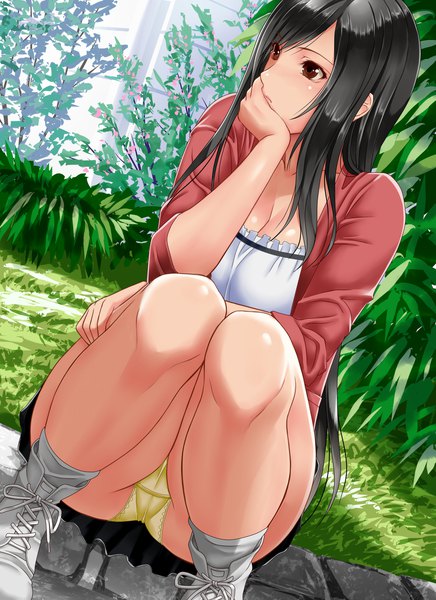 Anime picture 1600x2200 with final fantasy final fantasy vii square enix tifa lockhart suuitchi (artist) single long hair tall image blush breasts light erotic black hair brown hair large breasts looking away cleavage bent knee (knees) outdoors pleated skirt arm support