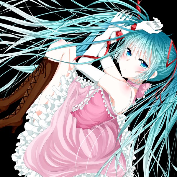 Anime picture 1600x1600 with vocaloid hatsune miku sayaka (ponkichi) single looking at viewer blush simple background twintails bare shoulders lying aqua eyes aqua hair girl dress gloves ribbon (ribbons) hair ribbon choker elbow gloves boots