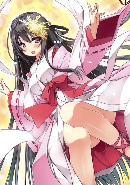 Anime picture 2220x3140 with original usume shirou single long hair tall image looking at viewer blush highres open mouth black hair purple eyes traditional clothes scan miko girl hair ornament