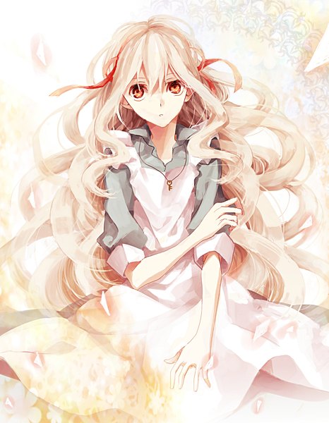 Anime picture 1184x1524 with kagerou project shaft (studio) mary (kagerou project) kiyu (artist) single long hair tall image looking at viewer brown eyes white hair girl dress ribbon (ribbons) hair ribbon key