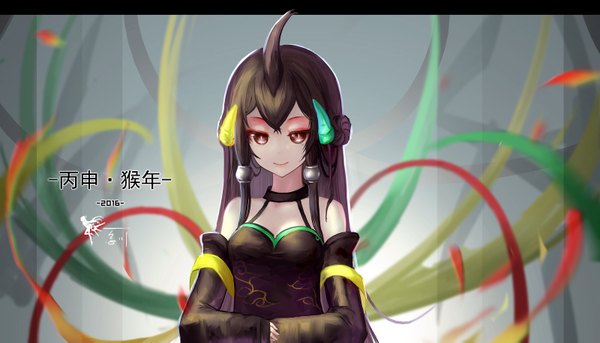 Anime picture 1600x917 with original wangchuan de quanyan single long hair looking at viewer fringe breasts black hair smile wide image brown eyes upper body inscription eyebrows girl dress detached sleeves black dress