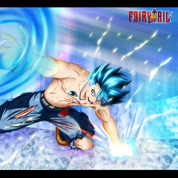 Anime picture 3000x3000 with fairy tail gray fullbuster ajm-fairytail single highres short hair open mouth blue hair inscription grey eyes tattoo copyright name coloring torn clothes magic scar muscle angry screaming boy