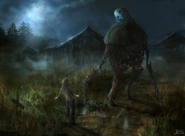 Anime picture 1200x880 with original you shimizu long hair brown hair signed sky night fog horror girl plant (plants) tree (trees) building (buildings) moon chain pants mask full moon t-shirt monster