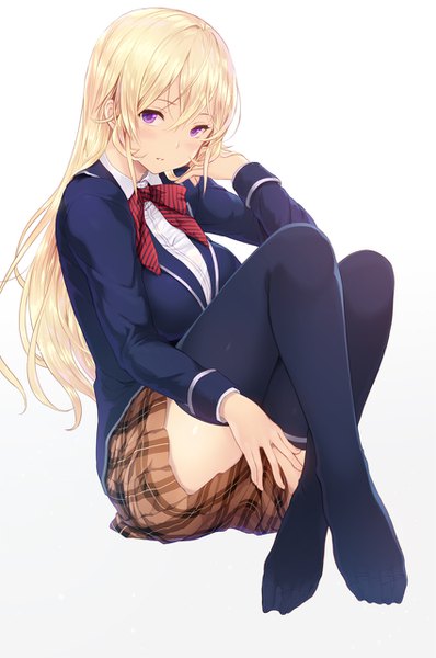 Anime picture 850x1281 with shokugeki no soma j.c. staff nakiri erina cait single long hair tall image looking at viewer blush fringe breasts light erotic simple background blonde hair hair between eyes large breasts white background sitting purple eyes full body