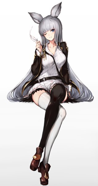 Anime picture 875x1650 with granblue fantasy korwa (granblue fantasy) watao single long hair tall image looking at viewer fringe blue eyes simple background white background sitting animal ears full body blunt bangs head tilt one eye closed grey hair wink crossed legs