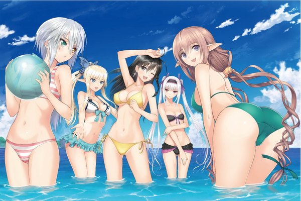 Anime picture 1817x1212 with shining (series) shining resonance kirika towa alma sonia blanche rinna mayfield excela noa aura marion lu shila tony taka long hair looking at viewer blush fringe short hair breasts open mouth blue eyes light erotic black hair blonde hair smile