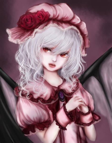 Anime picture 1445x1840 with touhou remilia scarlet himemurasaki single tall image looking at viewer short hair red eyes white hair lips girl dress wings frills bonnet