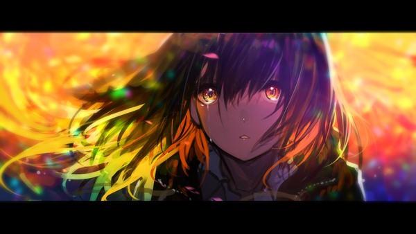 Anime picture 3541x2000 with original tarbo (exxxpiation) single long hair looking at viewer fringe highres open mouth hair between eyes wide image brown eyes multicolored hair wind tears portrait letterboxed dark hair colorful girl