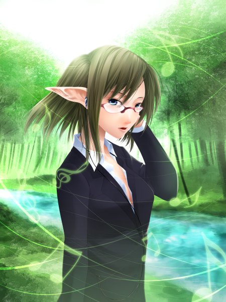 Anime picture 1800x2400 with tomokatsu (artist) single tall image highres short hair blue eyes green hair pointy ears elf nature girl water glasses headphones