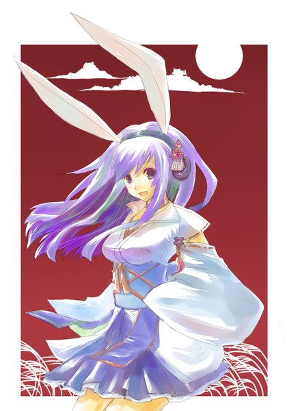 Anime picture 1050x1500 with touhou reisen udongein inaba mosasa single long hair tall image open mouth purple hair wind bunny ears bunny girl girl plant (plants) detached sleeves hairband headphones moon obi full moon susuki grass