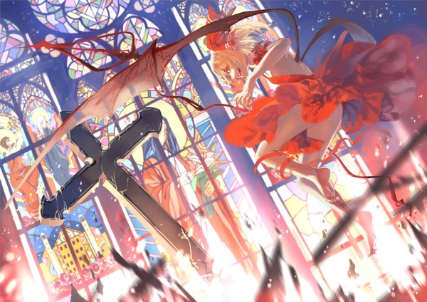 Anime picture 1414x1000 with touhou flandre scarlet newrein (artist) single looking at viewer fringe short hair blonde hair smile red eyes bare shoulders bent knee (knees) indoors nail polish profile barefoot fingernails bare legs from below dutch angle