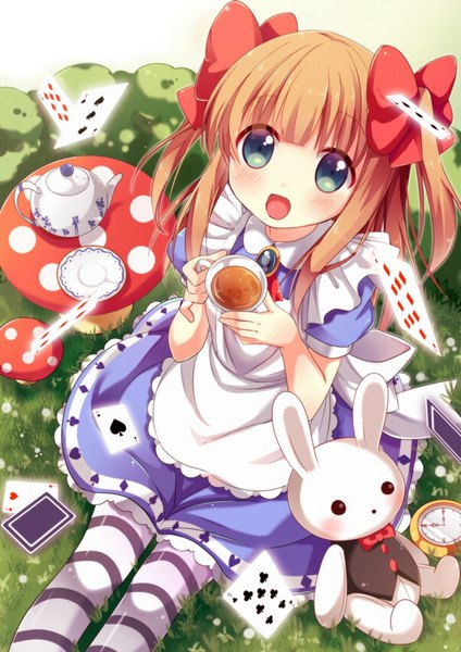 Anime picture 600x849 with alice in wonderland girlfriend (kari) girl friend beta alice (wonderland) yuuki nae kusunoki (escude) single long hair tall image looking at viewer blush fringe open mouth simple background smile sitting twintails holding green eyes blunt bangs