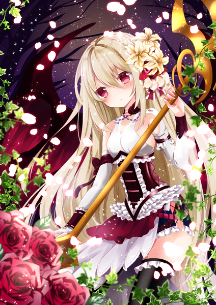 Anime picture 800x1131 with original nanase nao single tall image looking at viewer blush fringe breasts light erotic blonde hair hair between eyes red eyes holding payot very long hair head tilt hair flower night night sky underbust