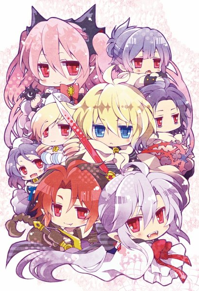 Anime picture 565x826 with owari no seraph wit studio kururu tepes hyakuya mikaela ferid bathory chess belle rene simm crowley eusford lacus welt horn skuld mekeko (artist) long hair tall image blush fringe short hair breasts open mouth blue eyes black hair