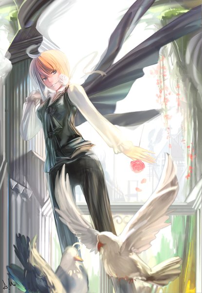 Anime picture 1385x2000 with fate (series) fate/stay night fate/zero studio deen type-moon artoria pendragon (all) saber ameru.miro single tall image fringe blonde hair standing green eyes looking away light smile alternate costume mouth hold girl flower (flowers)