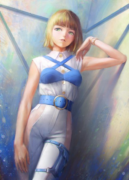 Anime picture 1376x1920 with original arata yokoyama single tall image fringe short hair blonde hair standing green eyes looking away parted lips from below armpit (armpits) sleeveless girl bracelet belt bag buttons