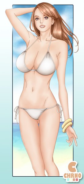 Anime picture 1024x2240 with lchrno single long hair tall image looking at viewer breasts light erotic red eyes brown hair large breasts lips bare belly ass visible through thighs arm behind head girl navel swimsuit bikini white bikini