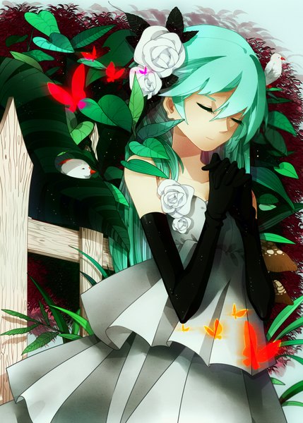 Anime picture 1200x1678 with vocaloid hatsune miku diesel.2b (artist) single long hair tall image bare shoulders eyes closed hair flower aqua hair girl dress gloves hair ornament flower (flowers) plant (plants) animal elbow gloves leaf (leaves) insect