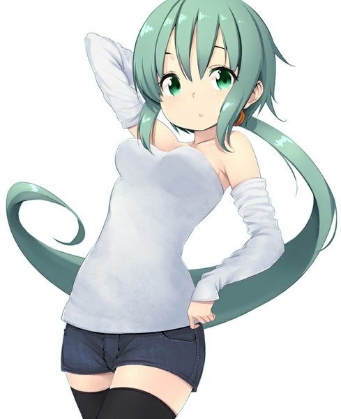 Anime picture 680x834 with original zizi (zz22) single long hair tall image looking at viewer open mouth simple background white background green eyes ponytail girl thighhighs black thighhighs detached sleeves shorts short shorts