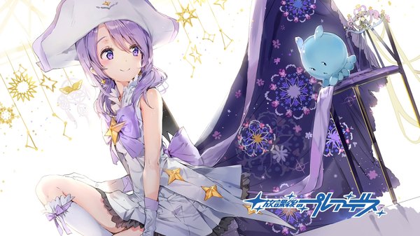 Anime picture 1920x1080 with houkago no pleiades pleiadean nanako (houkago no pleiades) anmi single long hair blush fringe highres smile wide image sitting purple eyes twintails purple hair bent knee (knees) looking back arm support shadow copyright name