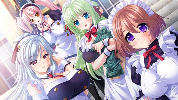 Anime picture 1024x576 with silicon magic mu (silicon magic) theta (silicon magic) iruma sumire (silicon magic) phi (silicon magic) long hair short hair blue eyes red eyes brown hair wide image purple eyes multiple girls pink hair game cg silver hair green hair maid girl headdress