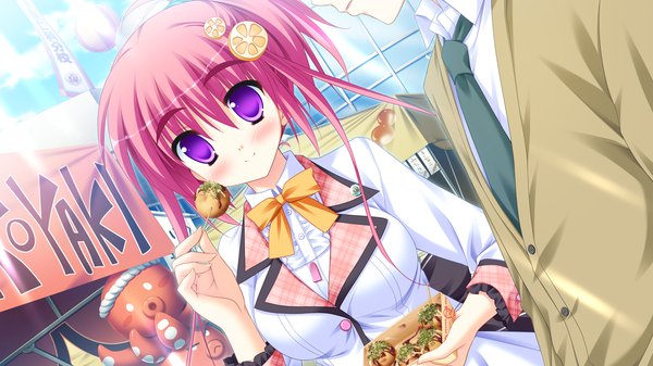 Anime picture 1280x720 with diamic days lump of sugar koboshi renko sesena yau blush short hair wide image purple eyes pink hair game cg girl serafuku food takoyaki