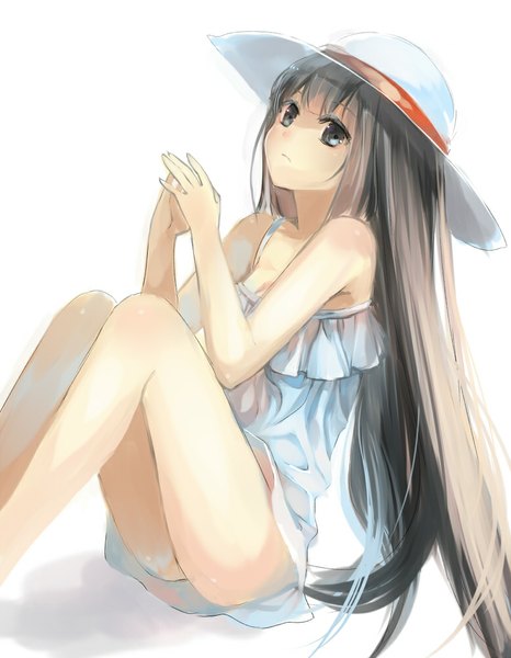 Anime picture 778x1000 with original shinta hoshi-to single long hair tall image looking at viewer blue eyes light erotic black hair simple background white background sitting bare shoulders legs girl dress hat