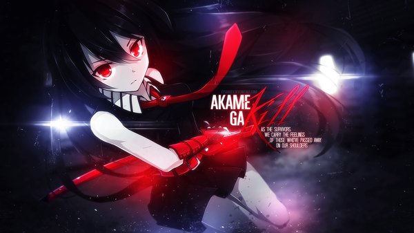 Anime picture 1920x1080 with akame ga kill! white fox akame (akame ga kill!) rin yuu eysaa single long hair fringe highres black hair hair between eyes red eyes wide image bare shoulders from above wallpaper copyright name text girl weapon