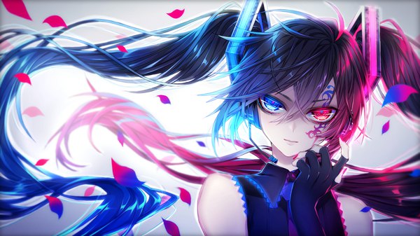 Anime picture 1920x1080 with vocaloid hatsune miku 1055 single looking at viewer fringe highres blue eyes smile hair between eyes red eyes wide image twintails bare shoulders blue hair upper body ahoge red hair very long hair nail polish
