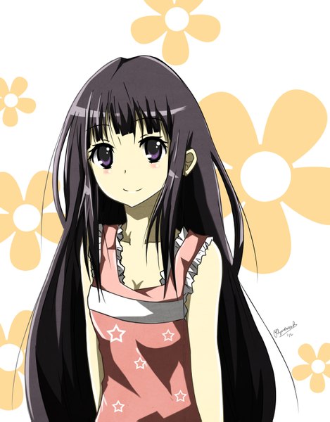 Anime picture 1100x1407 with hyouka kyoto animation chitanda eru ollycrescent long hair tall image looking at viewer blush fringe black hair smile white background purple eyes bare shoulders girl dress flower (flowers)