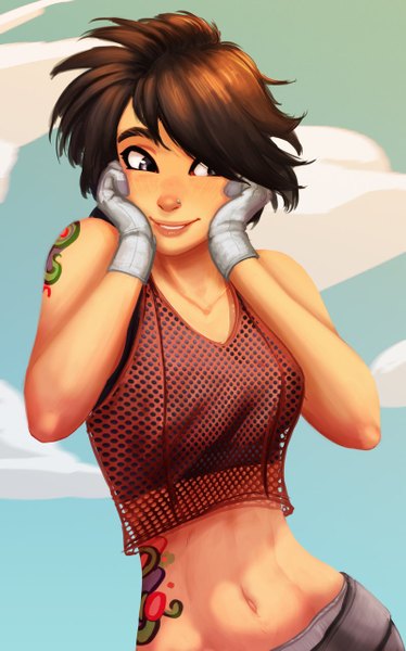 Anime picture 800x1283 with carlos eduardo single tall image fringe short hair smile brown hair looking away bare belly midriff tattoo silver eyes girl gloves navel white gloves