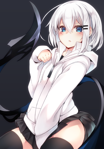 Anime picture 1200x1723 with original ringo-chan (otokuyou) otokuyou single tall image looking at viewer blush fringe short hair open mouth blue eyes light erotic simple background hair between eyes payot ahoge white hair long sleeves pleated skirt :o