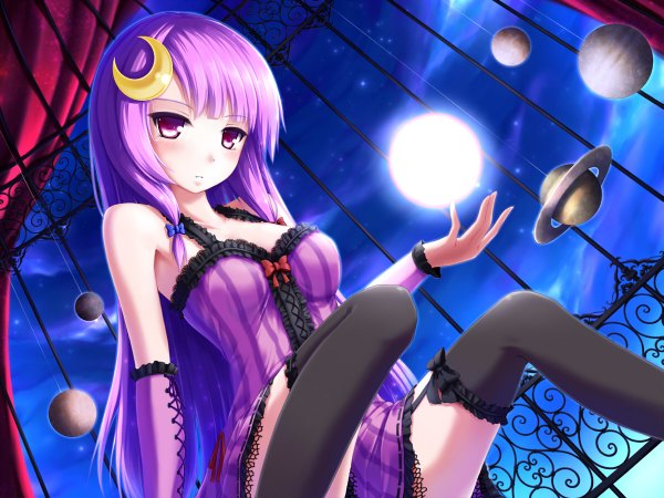 Anime picture 1199x900 with touhou patchouli knowledge tokugawa landine single long hair looking at viewer blush purple eyes purple hair crescent girl thighhighs hair ornament black thighhighs detached sleeves frills planet cage