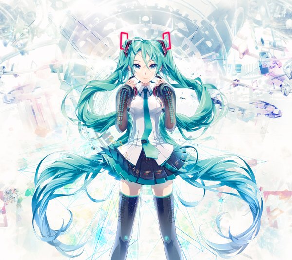 Anime picture 1440x1280 with vocaloid hatsune miku hatsune miku (vocaloid3) ixima single looking at viewer twintails very long hair aqua eyes aqua hair girl thighhighs skirt hair ornament black thighhighs detached sleeves necktie