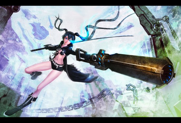 Anime picture 1680x1140 with black rock shooter black rock shooter (character) aion (artist) single long hair fringe breasts black hair twintails holding looking away aqua eyes lips bare legs midriff legs glowing scar glowing eye (eyes) weightlessness