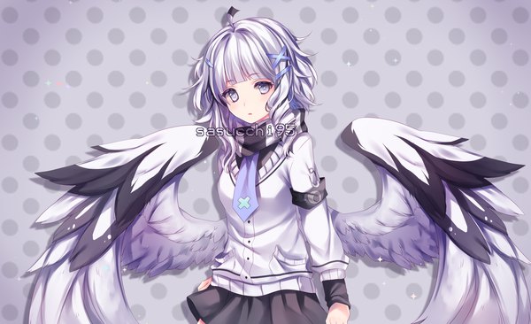 Anime picture 2908x1778 with original sasucchi95 single looking at viewer fringe highres short hair wide image silver hair blunt bangs grey background drill hair polka dot silver eyes polka dot background girl skirt wings scarf black skirt
