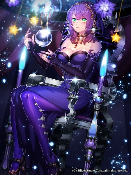 Anime picture 800x1067 with gyakushuu no fantasica original katagiri hachigou single tall image looking at viewer blush short hair open mouth sitting green eyes purple hair girl dress hair ornament pantyhose