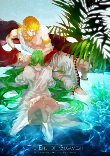 Anime picture 1200x1697 with fate (series) fate/strange fake type-moon gilgamesh (fate) enkidu (fate) aimee (pixiv1129113) long hair tall image fringe short hair light erotic blonde hair barefoot green hair wet wet clothes muscle otoko no ko plant (plants) earrings