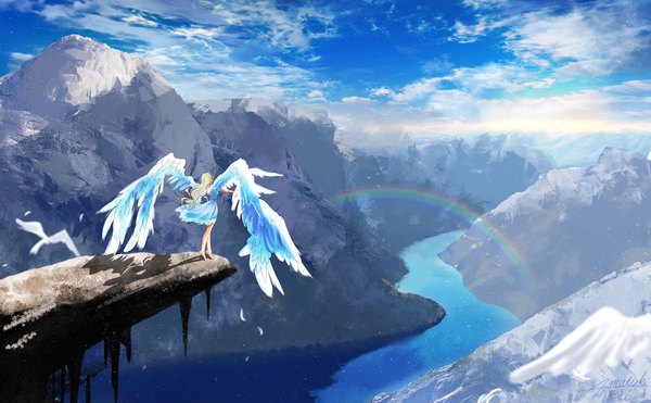 Anime picture 2000x1238 with original amatsuki rei single long hair highres blonde hair wide image standing signed sky cloud (clouds) full body barefoot wind from behind shadow outstretched arm wavy hair mountain angel wings
