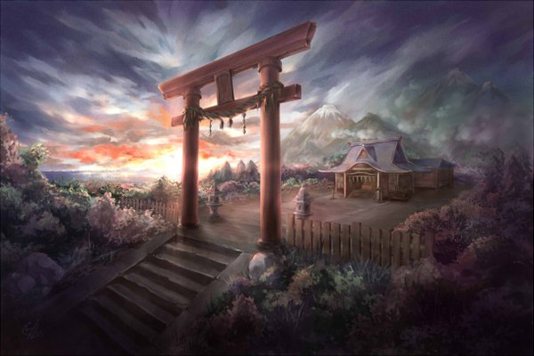 Anime picture 1215x810 with original c.z. sky cloud (clouds) evening sunset mountain no people landscape gate plant (plants) tree (trees) forest stairs fence torii shrine