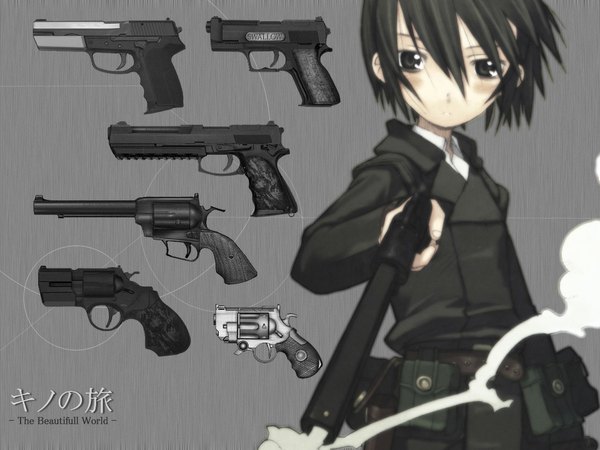 Anime picture 1024x768 with kino no tabi kino (kino no tabi) single blush short hair black hair black eyes wallpaper monochrome smoke androgynous reverse trap tomboy girl weapon gun revolver