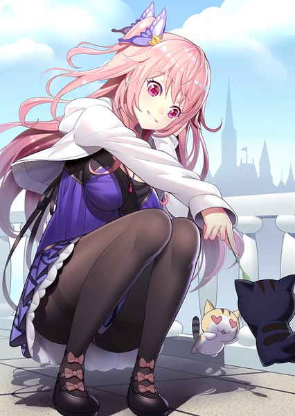 Anime picture 781x1100 with original emily stock ririko (zhuoyandesailaer) long hair tall image fringe light erotic hair between eyes pink hair sky cloud (clouds) full body bent knee (knees) head tilt pink eyes open jacket shadow pantyshot one side up looking down