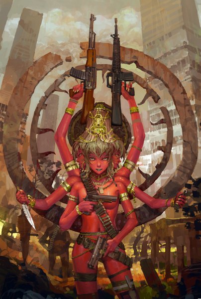 Anime picture 1024x1520 with mythology hindu mythology durga molybdenumgp03 tall image city solo focus extra arms red skin god girl navel weapon bracelet gun building (buildings) jewelry knife hands rifle