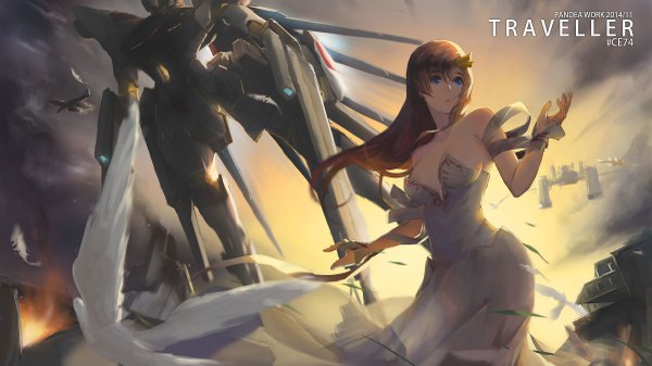 Anime picture 1200x675 with mobile suit gundam gundam seed sunrise (studio) lacus clyne pandea work long hair breasts blue eyes brown hair wide image large breasts standing bare shoulders looking away sky cloud (clouds) wind smoke dust girl