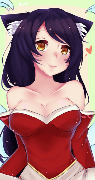 Anime picture 606x1144 with league of legends ahri (league of legends) xxalisa single long hair tall image looking at viewer blush fringe breasts simple background smile large breasts bare shoulders animal ears yellow eyes blue hair lips midriff fox ears