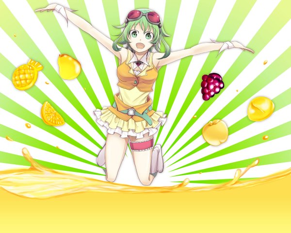 Anime picture 1280x1024 with vocaloid gumi kazashino single looking at viewer short hair open mouth bare shoulders green eyes looking away full body green hair sleeveless spread arms jumping goggles on head girl skirt miniskirt food