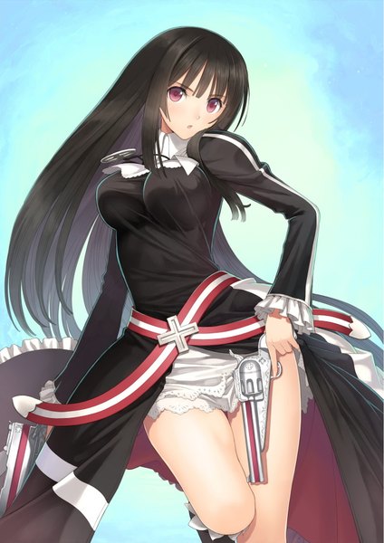 Anime picture 1285x1817 with shining (series) shining ark kilmaria aideen tony taka single long hair tall image looking at viewer highres light erotic black hair red eyes absurdres scan official art girl dress weapon gun