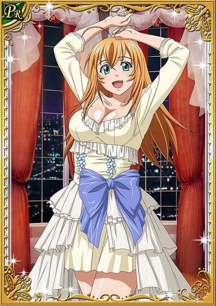 Anime picture 567x800 with ikkitousen sonsaku hakufu single long hair tall image looking at viewer open mouth blonde hair green eyes cleavage ahoge indoors arms up happy card (medium) girl dress bow frills large bow