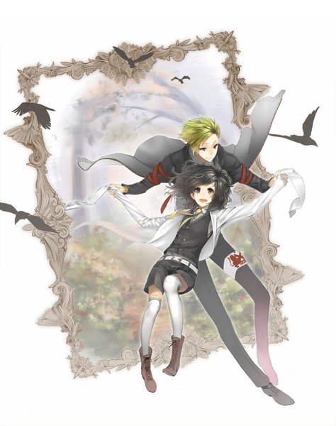 Anime picture 1280x1621 with original mins (minevi) tall image short hair black hair simple background smile white background green eyes yellow eyes long sleeves green hair light smile from behind black eyes couple holding hands framed girl thighhighs