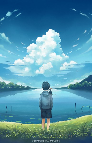 Anime picture 563x873 with original megatruh single tall image short hair black hair sitting signed sky cloud (clouds) from behind horizon landscape sitting on person boy flower (flowers) animal water shorts hood